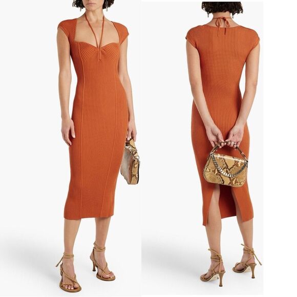 Jonathan Simkhai Dresses & Skirts - Jonathan Simkhai Florence Midi Orange Dress Tie-Neck Rib Knit Size XS